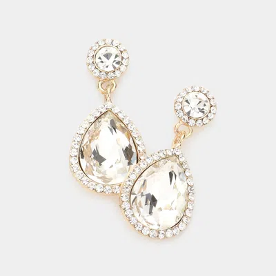 Fashnzfab Rhinestone Trim Teardrop Crystal Evening Earrings - Gold