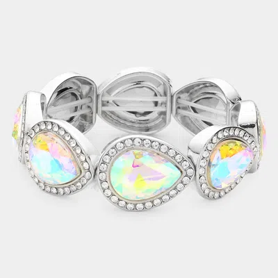 Fashnzfab Rhinestone Trim Teardrop Crystal Stretch Evening Bracelet Ab, Silver In Multi