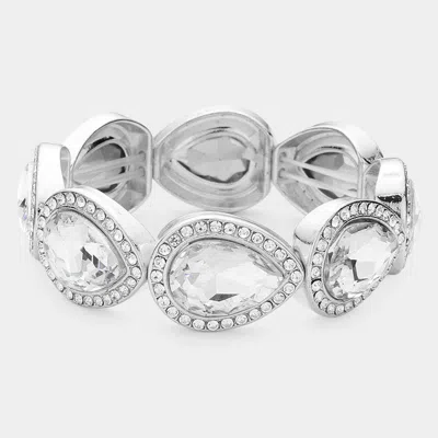 Fashnzfab Rhinestone Trim Teardrop Crystal Stretch Evening Bracelet Silver