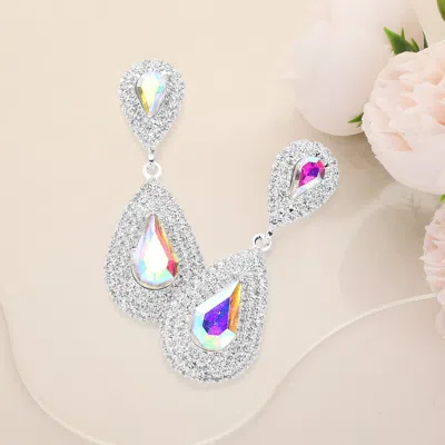 Fashnzfab Rhinestone Trim Teardrop Stone Accented Evening Earrings In Pink