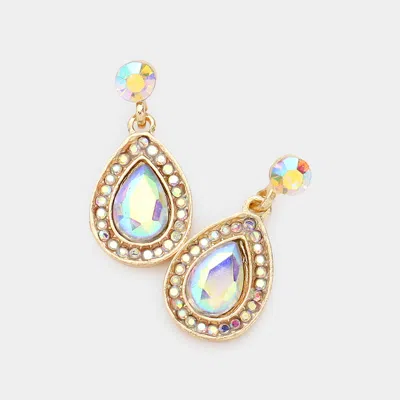 Fashnzfab Rhinestone Trim Teardrop Stone Dangle Evening Earrings - Ab, Gold