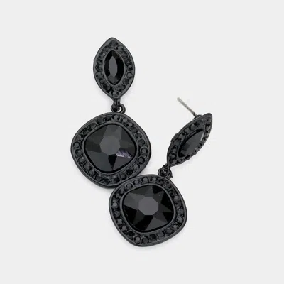 Fashnzfab Rhinestone Trimmed Marquise Square Stone Link Dangle Evening Earrings - Jet Black