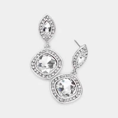 Fashnzfab Rhinestone Trimmed Marquise Square Stone Link Dangle Evening Earrings - Silver