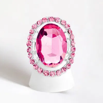 Fashnzfab Rhinestone Trimmed Oval Cut Stretch Ring In Pink