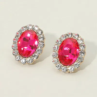 Fashnzfab Rhinestone Trimmed Oval Stone Stud Evening Earrings In Red