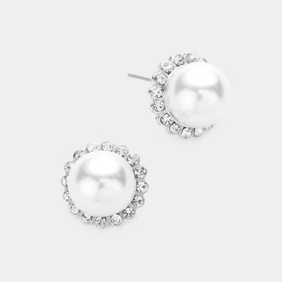 Fashnzfab Rhinestone Trimmed Round Pearl Stud Earrings In White