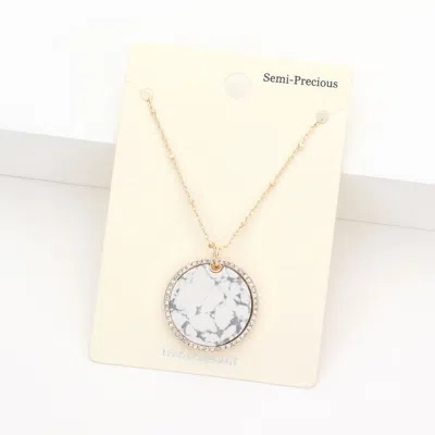 Fashnzfab Rhinestone Trimmed Semi Precious Round Pendant Necklace In Metallic