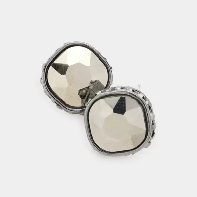 Fashnzfab Rhinestone Trimmed Square Stone Evening Stud Earrings - Hematite In Gray