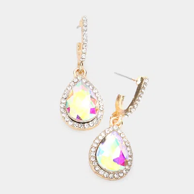 Fashnzfab Rhinestone Trimmed Teardrop Stone Dangle Evening Earrings - Ab, Gold