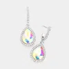 Fashnzfab Rhinestone Trimmed Teardrop Stone Dangle Evening Earrings - Ab, Silver In Metallic