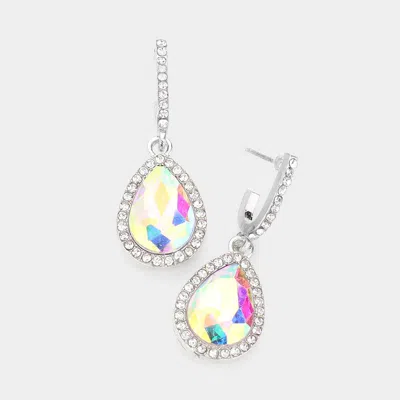 Fashnzfab Rhinestone Trimmed Teardrop Stone Dangle Evening Earrings - Ab, Silver In Metallic
