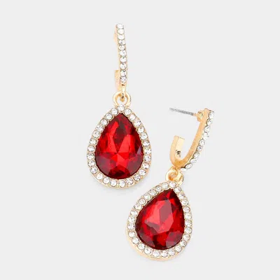 Fashnzfab Rhinestone Trimmed Teardrop Stone Dangle Evening Earrings - Gold, Red