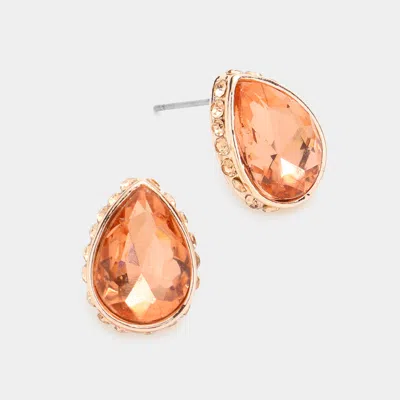 Fashnzfab Rhinestone Trimmed Teardrop Stone Evening Stud Earrings - Peach In Brown