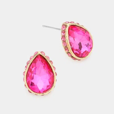 Fashnzfab Rhinestone Trimmed Teardrop Stone Evening Stud Earrings In Pink