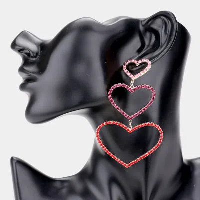 Fashnzfab Rhinestone Triple Open Heart Link Dangle Earrings In Red