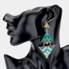 Fashnzfab Rhinestone Turquoise Embellished Triple Triangle Link Dangle Earrings - Gold Burnished In Blue