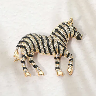 Fashnzfab Rhinestone Zebra Pin Brooch In Gold