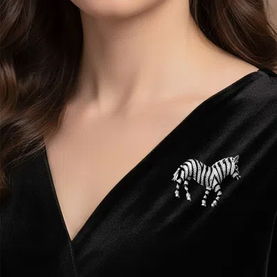 Fashnzfab Rhinestone Zebra Pin Brooch In Silver