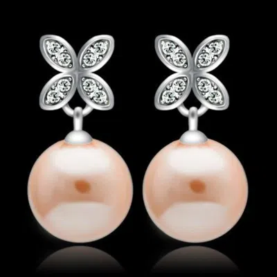 Fashnzfab Rhodium 925 Sterling Silver Earrings With Synthetic Pearl In Light Rose In Multi