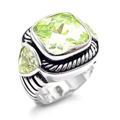 Fashnzfab Rhodium 925 Sterling Silver Ring With Aaa Grade Cz In Apple Green Color In Multi