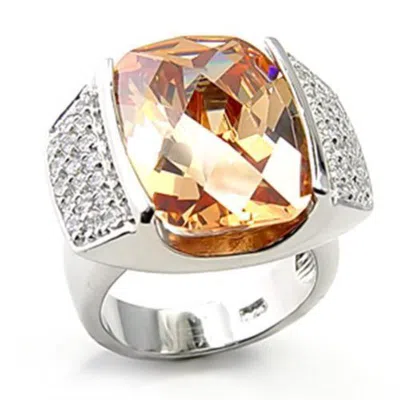 Fashnzfab Rhodium 925 Sterling Silver Ring With Aaa Grade Cz In Champagne In Metallic