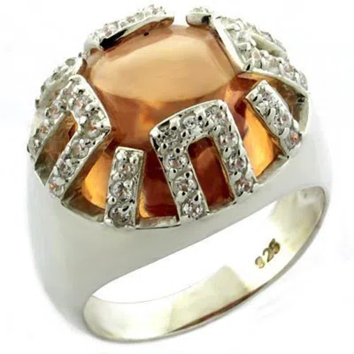 Fashnzfab Rhodium 925 Sterling Silver Ring With Aaa Grade Cz In Champagne In Multi