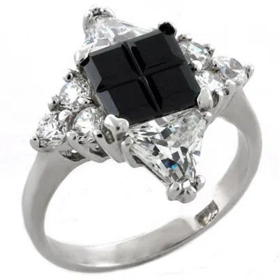 Fashnzfab Rhodium 925 Sterling Silver Ring With Aaa Grade Cz In Jet In Black