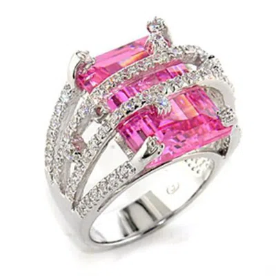 Fashnzfab Rhodium 925 Sterling Silver Ring With Aaa Grade Cz In Rose In Pink