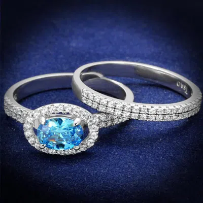 Fashnzfab Rhodium 925 Sterling Silver Ring With Aaa Grade Cz In Sea Blue In Multi