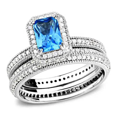 Fashnzfab Rhodium 925 Sterling Silver Ring With Synthetic Synthetic Glass In Sea Blue In Multi