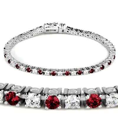 Fashnzfab Rhodium Brass Bracelet With Synthetic Garnet In Ruby In Silver