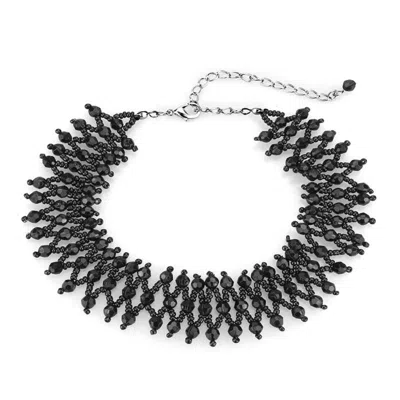 Fashnzfab Rhodium Brass Necklace With Synthetic Synthetic Glass In Jet In Black