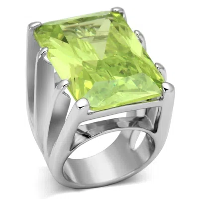 Fashnzfab Rhodium Brass Ring With Aaa Grade Cz In Apple Green Color In Metallic