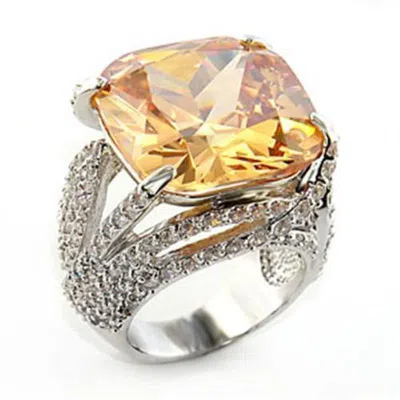 Fashnzfab Rhodium Brass Ring With Aaa Grade Cz In Champagne In Metallic