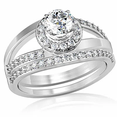Fashnzfab Rhodium Brass Ring With Aaa Grade Cz In Clear In Metallic