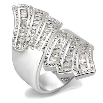 Fashnzfab Rhodium Brass Ring With Aaa Grade Cz In Clear In Silver