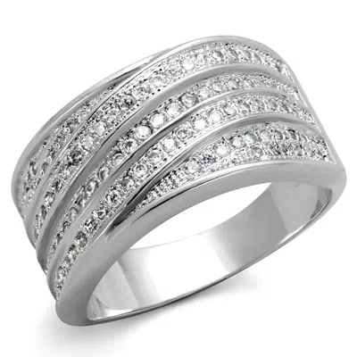 Fashnzfab Rhodium Brass Ring With Aaa Grade Cz In Clear In Silver