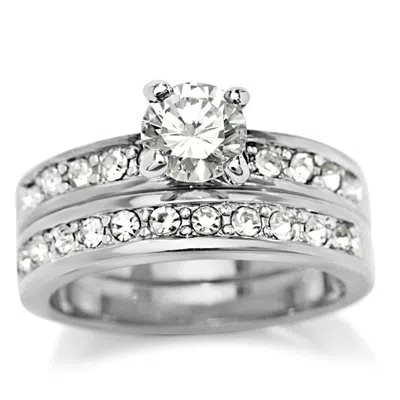 Fashnzfab Rhodium Brass Ring With Aaa Grade Cz In Clear In White
