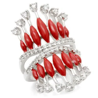 Fashnzfab Rhodium Brass Ring With Aaa Grade Cz In Clear In Pink