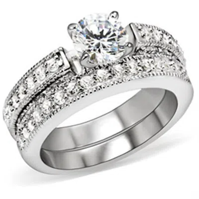 Fashnzfab Rhodium Brass Ring With Aaa Grade Cz In Clear In Silver