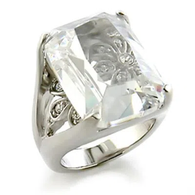 Fashnzfab Rhodium Brass Ring With Aaa Grade Cz In Clear In Silver