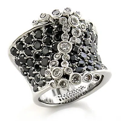 Fashnzfab Rhodium Brass Ring With Aaa Grade Cz In Jet In Metallic