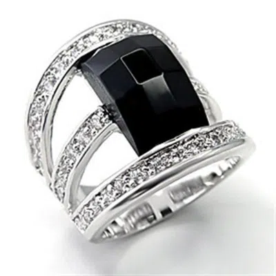 Fashnzfab Rhodium Brass Ring With Aaa Grade Cz In Jet In Silver