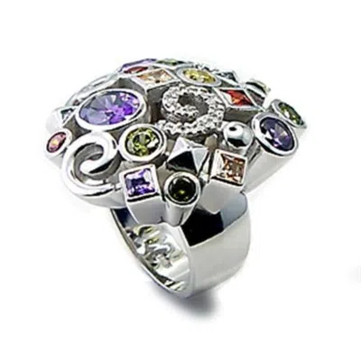 Fashnzfab Rhodium Brass Ring With Aaa Grade Cz In Multi Color In Silver