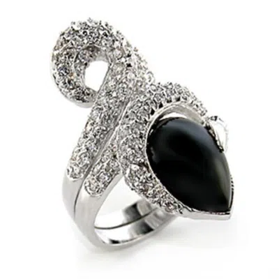 Fashnzfab Rhodium Brass Ring With Semi-precious Agate In Jet In Silver