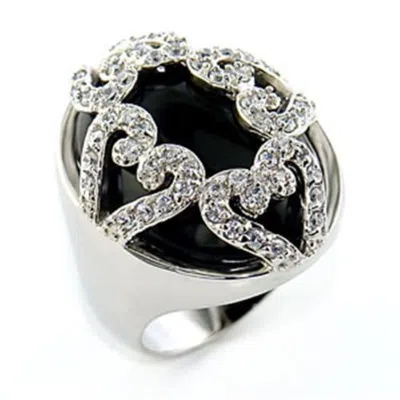 Fashnzfab Rhodium Brass Ring With Semi-precious Onyx In Jet In Black