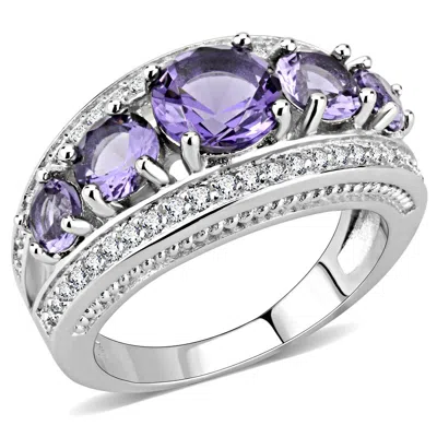 Fashnzfab Rhodium Brass Ring With Synthetic In Amethyst In Silver