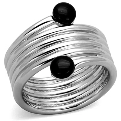 Fashnzfab Rhodium Brass Ring With Synthetic Onyx In Jet In Multi