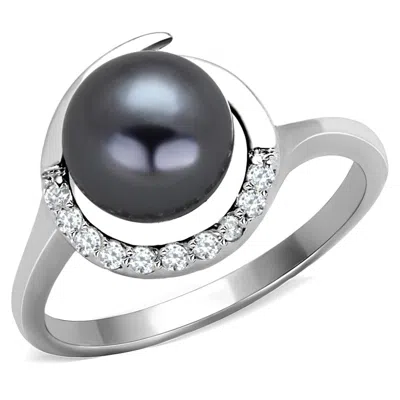 Fashnzfab Rhodium Brass Ring With Synthetic Pearl In Gray In Multi