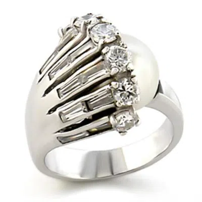 Fashnzfab Rhodium Brass Ring With Synthetic Pearl In White In Metallic
